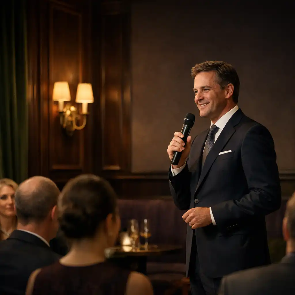 Moderator bei einem stilvollen Corporate-Abend in einem Salon