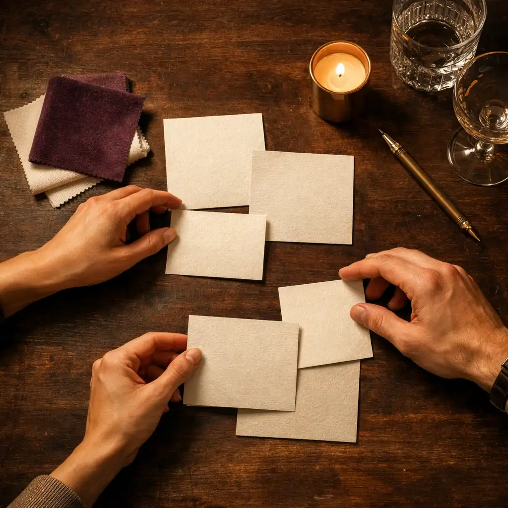 Hände ordnen Papierkarten, Stoffmuster und einen Messingstift auf einem dunklen Holztisch