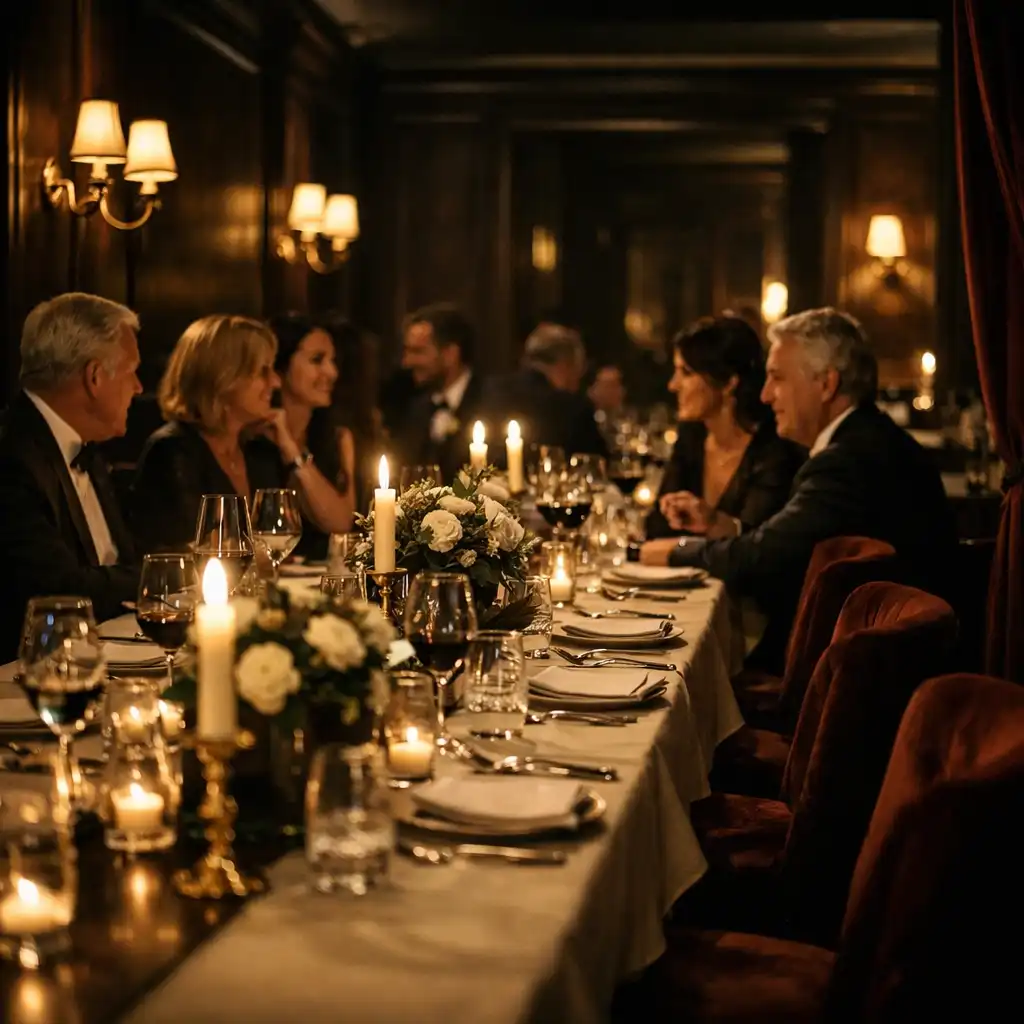 Gäste unterhalten sich an einem candlelit gedeckten Tisch in einem dunklen architektonischen Raum
