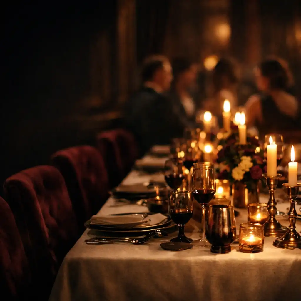 Candlelit dinner table with smoked glassware and velvet seating in a dark salon