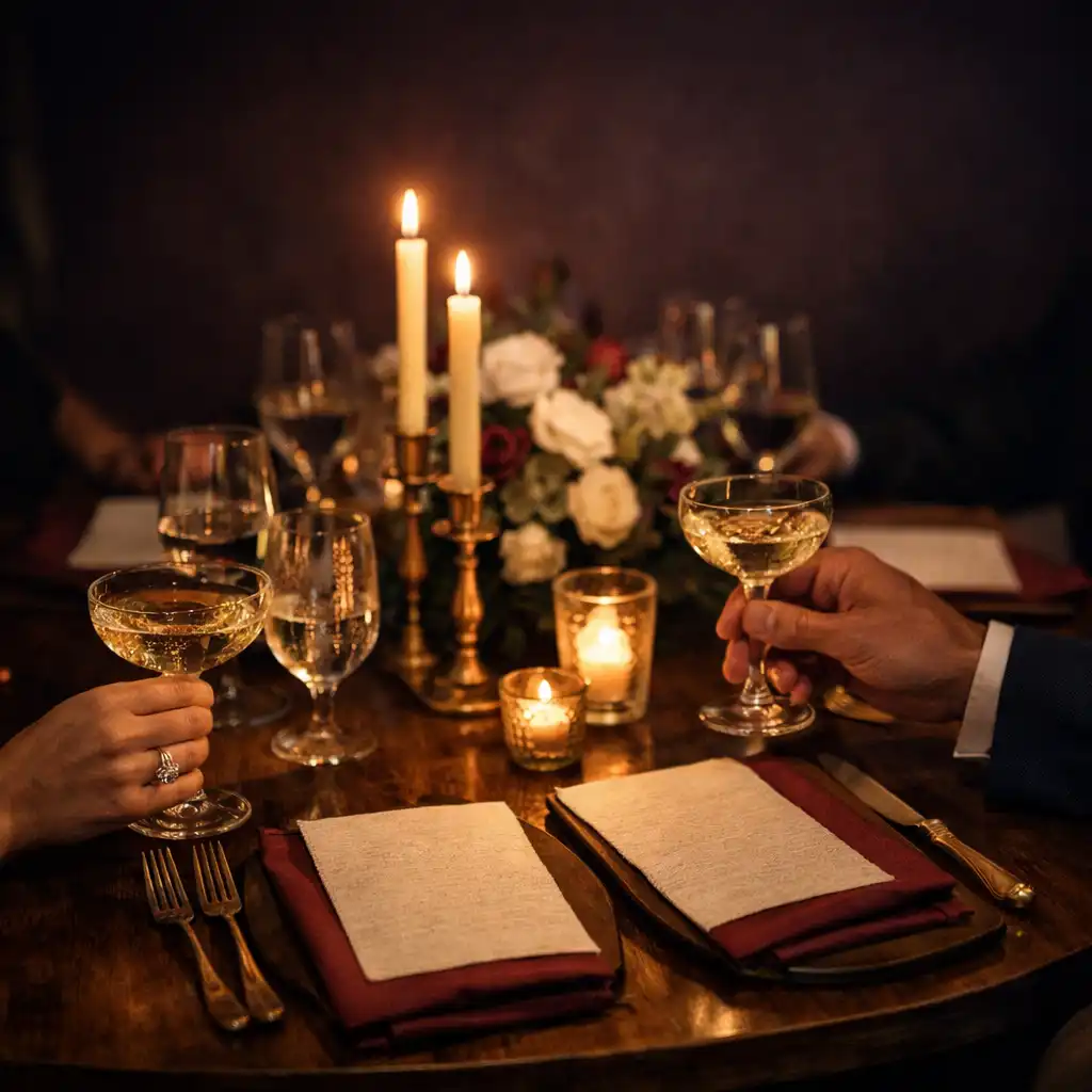 Gedeckter Dinner-Tisch mit Kerzen, dunklem Holz und garnetfarbenen Details