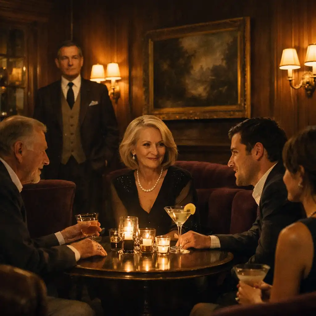 Small group in conversation during a candlelit private salon evening