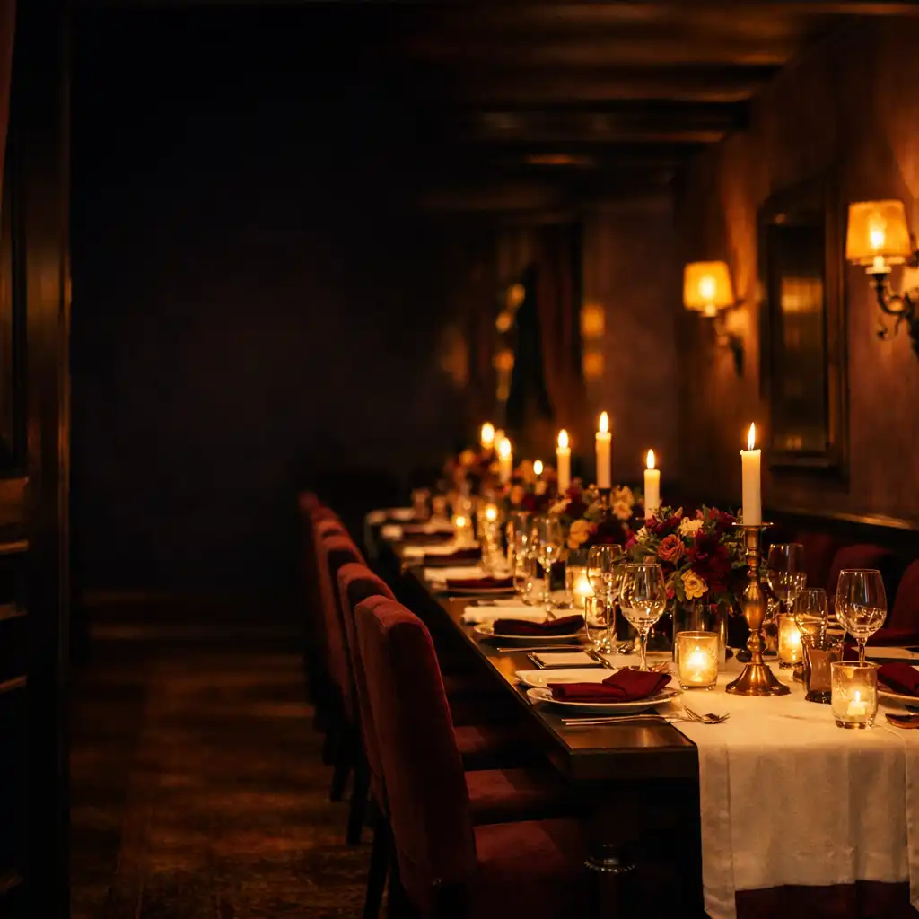 Kerzenbeleuchteter Salon mit langer gedeckter Tafel und warmen Glasreflexionen